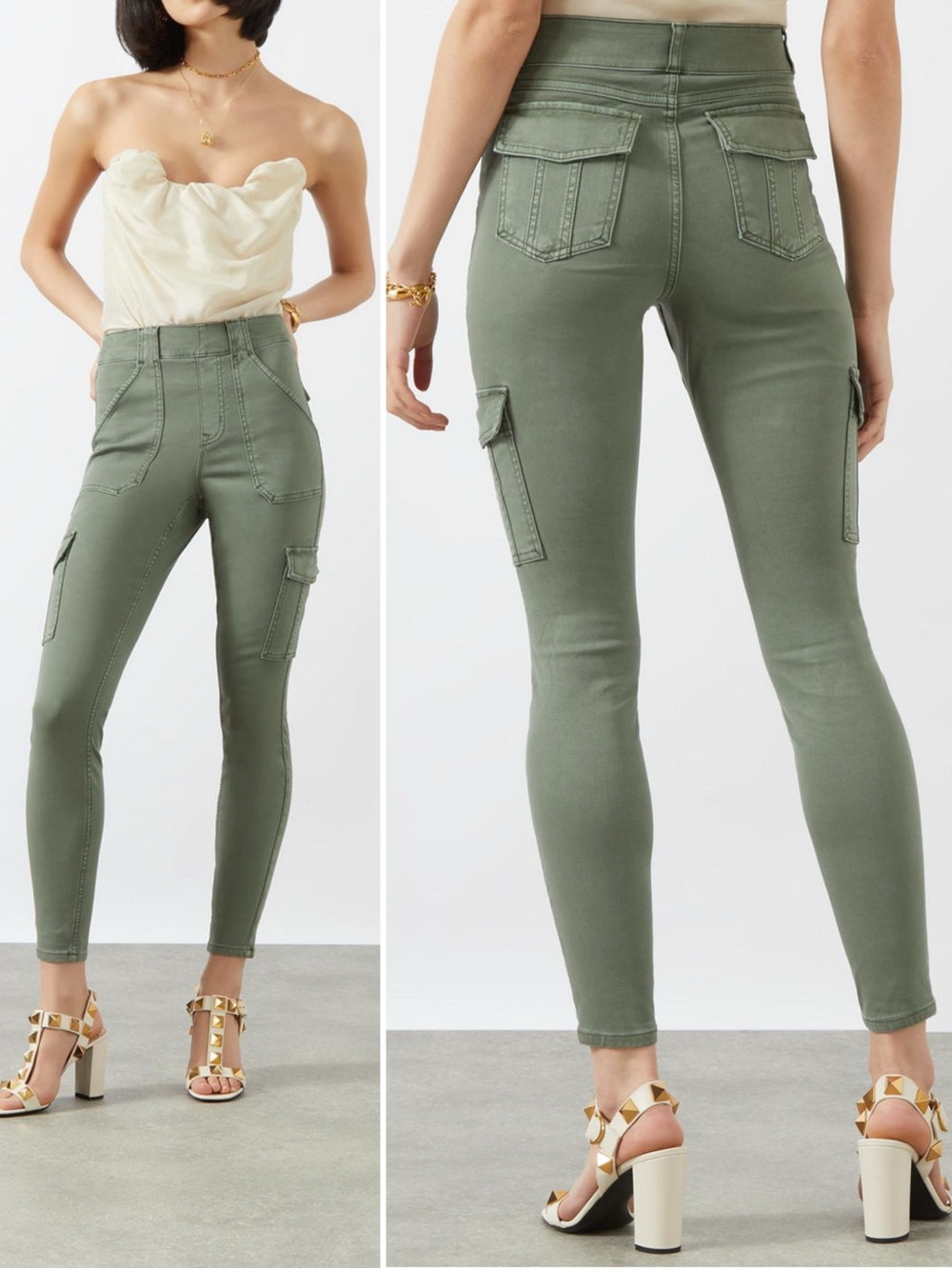 Spanx Stretch Twill Cargo Pants Sage Green High Rise‎ Shaping Skinny Size Small